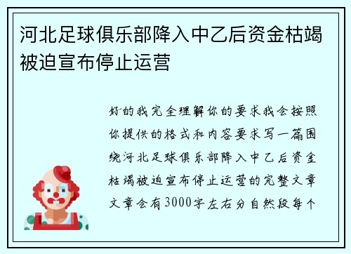 河北足球俱乐部降入中乙后资金枯竭被迫宣布停止运营 河北足球俱乐部降入中乙后资金枯竭被迫宣布停止运营