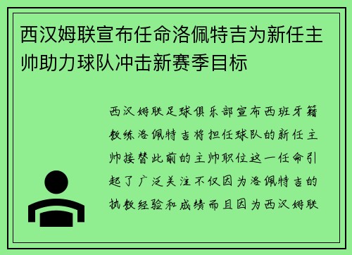 西汉姆联宣布任命洛佩特吉为新任主帅助力球队冲击新赛季目标