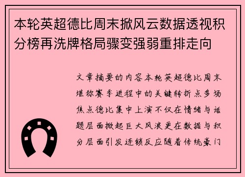 本轮英超德比周末掀风云数据透视积分榜再洗牌格局骤变强弱重排走向 本轮英超德比周末掀风云数据透视积分榜再洗牌格局骤变强弱重排走向